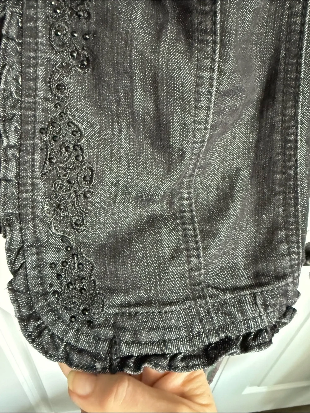 CJ Banks Black Ruffle-Trim Denim Jacket